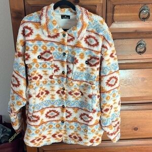 AZTEC SHERPA PRINT BUTTON FUR  SHERPA JACKET ORANGE BLUE NEW